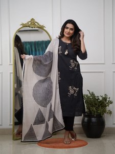 Ensemble Kurti ethnique traditionnel noir en rayonne épaisse pour femme, avec dupatta imprimée à la main, tenue décontractée Inde Pakistan, longueur ras du sol, coupe classique - Product Image 2