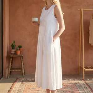 Vestido midi sin mangas para mujer, elegante vestido de verano con corte en A, vestido maxi blanco informal - Product Image 1