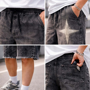 <b>Men</b> Streetwear Denim <b>Shorts</b> Jeans Custom Vintage Cotton Raw Edge Zipper Custom <b>Men</b> Jeans <b>Shorts</b> with Rhinestones Denim <b>Shorts</b> - Product Image 4