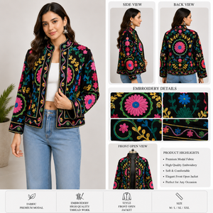 Luxury Black Velvet Jacket Women Pink Floral Hand Embroidery Bomber Handmade Needle <b>Work</b> Winter Coat Boutique Wedding Gift - Product Image 3