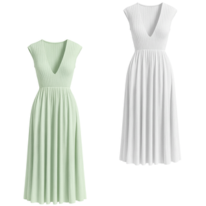 Robe midi côtelée à col rond et manches courtes pour femme, taille élastique, coupe droite, design simple, vente en gros, directement de l'usine de vêtements pour femmes - Product Image 1