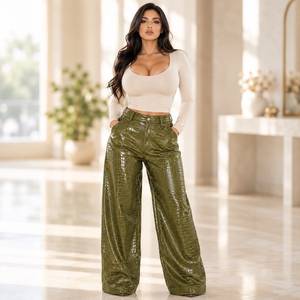 Pantalon en cuir gaufré effet crocodile pour femme, pantalon droit imprimé croco crème, pantalon gaufré taille haute à cinq poches - Product Image 3