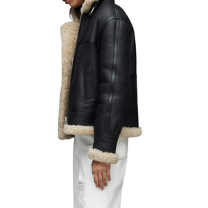 <b>Men's</b> Black <b>Leather</b> Bomber <b>Jacket</b> With <b>Faux</b> Fur Lining Zipper Closure Stand Collar Winter Moto Style - Product Image 3