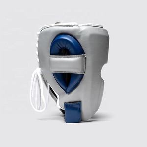 Nouveau design, protège-tête MMA et kickboxing en cuir véritable bleu-gris, ouvert, réglable, respirant, écologique, avec logo personnalisé - Product Image 2