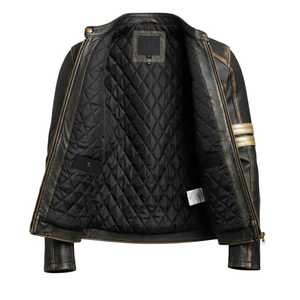 Veste de moto en cuir véritable noir pour homme, col montant, fermeture éclair, avec poches - Product Image 6
