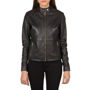 Chaqueta de Motociclista de Cuero Genuino Negro para Mujer, Cuello Alto, Cierre de Cremallera, Manga Larga - Product Image 5