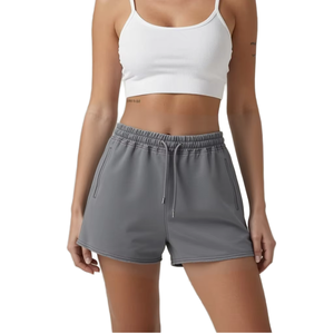 Pantalones cortos con cordón de cintura media para mujer, de color liso, informales, de punto, transpirables, de ajuste regular, con bolsillos, color gris - Product Image 6