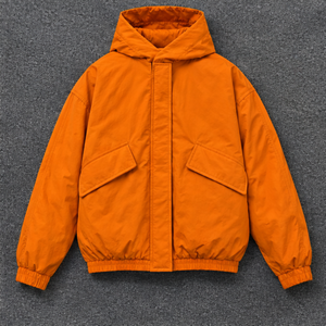 Orange Hooded Winter <b>Jacket</b> <b>with</b> <b>Pockets</b> Loose Fit Casual Style Midweight Solid Color Unisex Coat Nylon <b>Zipper</b> Closure Dyed - Product Image 1