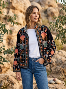 Veste en velours noir brodée de fleurs pour femme, faite à la main, style bohème ethnique, avec bordure rayée - Product Image 4