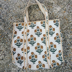 Quilted Cotton Handblock <b>Tote</b> Bag with Zipper Travel Shopping Bag Reusable Eco Friendly Women Shoulder Handbag - Product Image 1