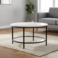 Table basse ronde en marbre blanc avec plateau en verre, table centrale à 2 niveaux avec rangement, table de cocktail moderne pour salon