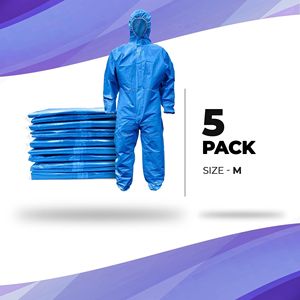 Tute Monouso di Medie Dimensioni con Cappuccio, Confezione da 5, Blu, per Materiali Pericolosi, Polsini e Caviglie Elasticizzati, Zip Frontale - Abbigliamento Protettivo SMS 50 GSM - Product Image 2