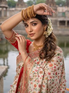 Golden Flora Royal Blossom Aura Luxe Elite Tissue Timeless Elegance Collections Traditional Wedding Heavy Rajwada Pasmina Silk - Product Image 3