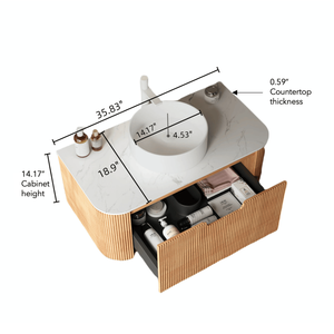 DINA 36\" Modern <b>Wall</b> Mounted Bathroom Vanity Sink <b>Floating</b> Curved Edges with Striped Storage Cabinet Drawer Luxury Vanities - Product Image 5