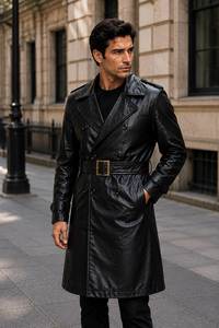 <b>Men</b> Genuine Leather <b>Trench</b> <b>Coat</b> Notched Lapel Double Breasted Knee Length With Belt Regular Fit - Product Image 5