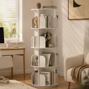 Librería Giratoria de 4 Niveles, Librería Giratoria de 360 Grados con Protector de Seguridad, Almacenamiento de PVC que Ahorra Espacio, Color Blanco - Product Image 1