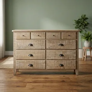 <b>Rustic</b> Wooden 10 Drawer <b>Cabinet</b> with Natural Finish and Metal Handles for Bedroom Storage Living Room <b>Cabinets</b> - Product Image 2