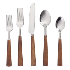 Couverts en acier inoxydable poli miroir argenté avec manche en bois fait main – Couteau et fourchette en acier inoxydable - Product Image 1