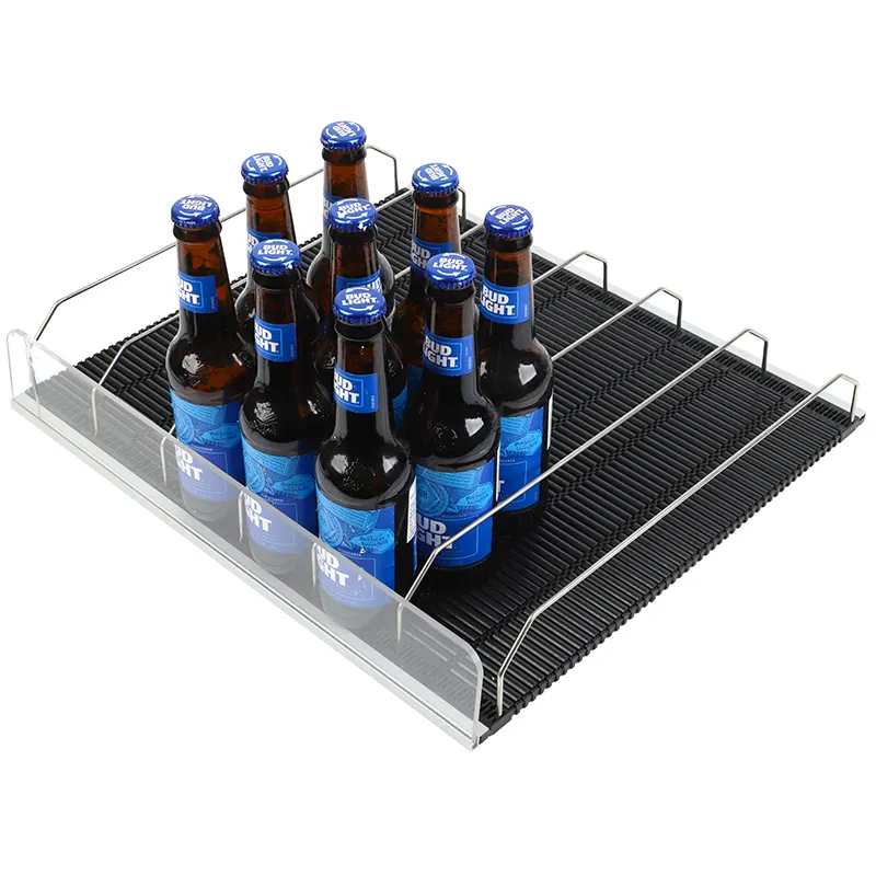 सस्ते थोक नवाचार गुरुत्वाकर्षण प्रवाह रैक फ्लेक्स फ़ीड रोलर शेल्फ सिस्टम ट्रे प्लास्टिक ग्लाइड रेफ्रिजरेटर बीयर बोतल के लिए