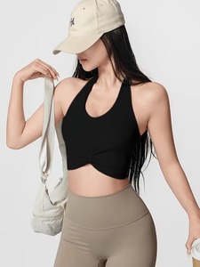 Women Backless Halter Sports Bra Front Gathered Knot Gym <b>Crop</b> <b>Top</b> Moisture Wicking Padded Running Athleisure Bralette - Product Image 3