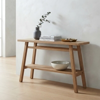 Table console en bois massif, style rustique moderne, avec étagère inférieure et pieds évasés, en teck naturel, table d'entrée, table de couloir, table d'appoint pour canapé