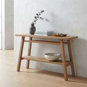 Solid Wood Console Table Modern <b>Rustic</b> Lower Shelf Splayed Leg Natural Teak Style Wooden Entryway Table Hallway Sofa Side <b>Desk</b> - Product Image 5
