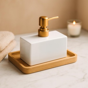 Modern Bathroom <b>Soap</b> And Lotion Dispenser <b>Set</b> With Gold Pump Bottles On Wooden Tray Perfect For Vanity Counter Decor From India - Product Image 2