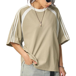 T-shirt ample en coton à manches courtes pour femme, style vintage, rayé, avec empiècements contrastants en maille, idéal pour le sport, la gym, le club ou le jogging - Product Image 3