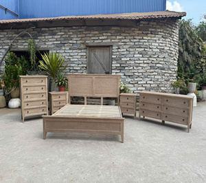 Ensemble de chambre à coucher style campagne française, table à manger rustique en bois massif, chêne du Vietnam, noyer, aulne, acacia, pin, rotin - Product Image 6