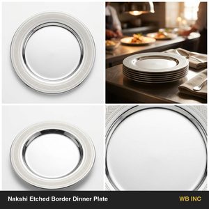 Plato de Cena con Borde Grabado Nakshi Hecho a Mano en Acero Inoxidable SS304 de 27 cm con Acabado Espejo en Material PC para Decoración del Hogar, Hoteles y Bodas - Product Image 6