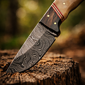 Handmade Camping Skinner <b>Knife</b> in Damascus Steel with Straight Back Blade Horn+<b>Bone</b> <b>Handle</b> and Leather Sheath - Product Image 3