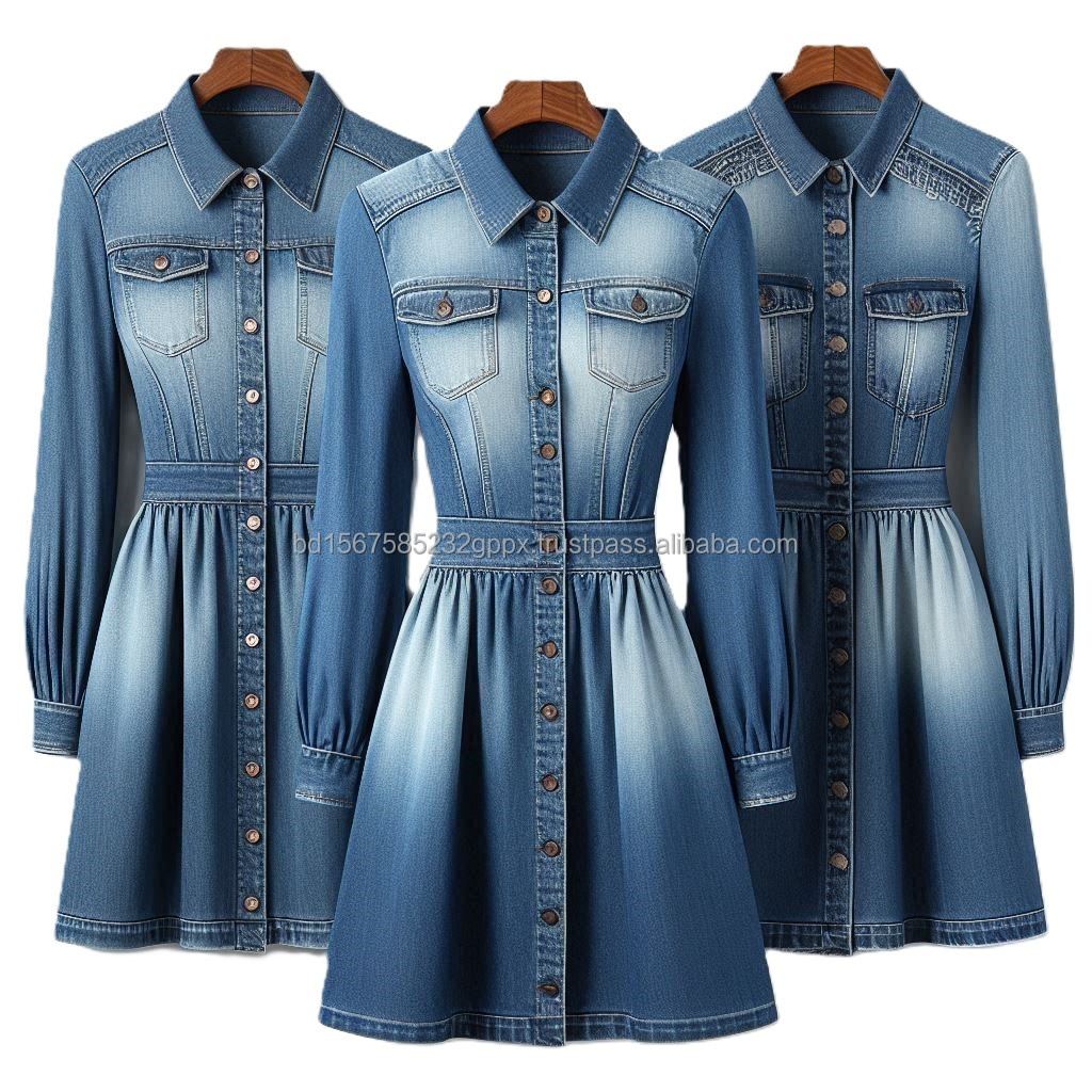 Wholesale Formal Womens Denim Dresses Long Sleeves Pockets - Main Image
