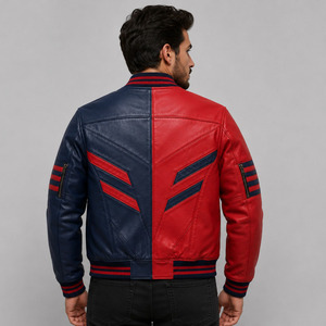Blouson Bomber en Cuir PU pour Homme, Style Moto Biker, Col Revers, Fermeture Éclair, Rouge Bleu Marine - Product Image 2