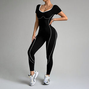 Black Mid Waist Seamless Yoga <b>Jumpsuit</b> 2-Piece Set White Contrast Binding Full Length Sleeveless Others <b>Workout</b> Wear Breathable - Product Image 1