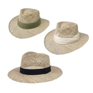 Straw Fedora <b>Hat</b> Breathable Hollow-Weave Cowboy Sun <b>Hat</b> with Leather <b>Band</b> Wide Brim Packable Y2K Style Beach Casual Panama - Product Image 3