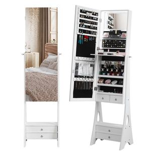 Armadio Portagioie Bianco a Specchio Completo con 2 Grandi Cassetti, Stile Pavimento in Legno, Organizzatore con Striscia Luminosa Naturale - Product Image 5