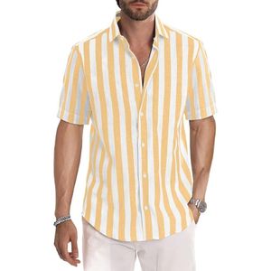 Camisa de Vestir a Rayas Amarillas con Botones, Camisa de Verano de Algodón Popelín con Cuello Camp Collar, Manga Corta, Camisas a Rayas para Vacaciones - Product Image 1
