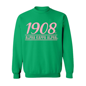 Sudadera con cuello redondo AKA 1908Script Year, de forro polar premium, con letras griegas, personalizada para hermandades, color verde Kelly - Product Image 1
