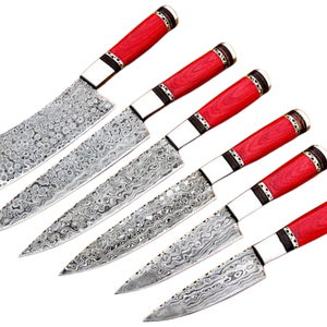 Juego de 6 Cuchillos de Chef de Acero de Damasco Hechos a Mano con Mangos de Madera Roja, Cuchillos Profesionales para Cocina, para Cortar y Picar - Product Image 6