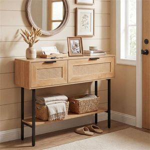 Natural Rattan Console Table with <b>Open</b> Shelf <b>Storage</b> Cabinets 40-Inch Sturdy Carbon Steel Frame for Entryway or Living Space - Product Image 2