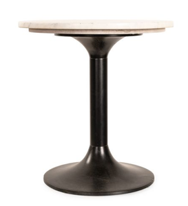 Round <b>Marble</b> Coffee <b>Table</b> Pedestal <b>Side</b> <b>Table</b> <b>White</b> Stone Black Metal Base Living Room - Product Image 2