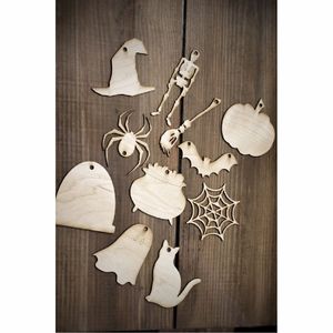 Formes d'Halloween en bois découpées au laser écologiques – Ensemble de 11 ornements effrayants pour la peinture DIY et les créations artisanales en bois personnalisées pour les fêtes - Product Image 1