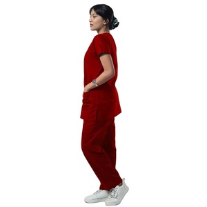 Women's Red <b>Scrub</b> Set V-Neck Short Sleeve With Pockets Hospital Uniform Woven Cotton Polyester Blend - Product Image 3