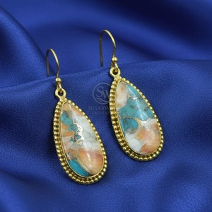 Boucles d'oreilles pendantes en cuivre turquoise naturel, argent sterling 925, plaqué or rose et or jaune, bijoux bohèmes faits à la main pour elle - Product Image 6