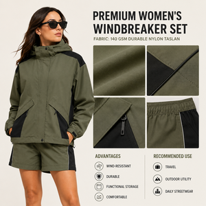 Custom Women's <b>Zip</b> up Streetwear Jacket <b>Shorts</b> Set Cargo <b>Pocket</b> Water Resistant Nylon Blend Utility Embroidery Logo OEM Supplier - Product Image 6