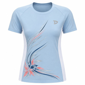 Women's Light Blue Floral Print Quick Dry Sporty T-Shirt Slim Fit Crew Neck Short Sleeve Polyester Spring Summer Workout <b>Top</b> - Product Image 1