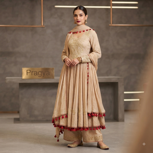 Elegante Conjunto de Traje Anarkali de Georgette Beige Bordado con Detalles de Borlas, Estilo Moderno para Bodas y Ocasiones Especiales, Todas las Temporadas - Product Image 1