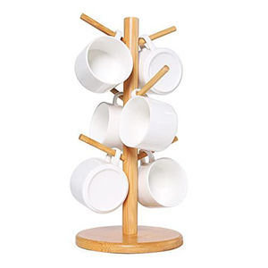 Support en bois naturel pour tasses avec 6 crochets, organisateur de tasses à café et à thé en bois, support de comptoir peu encombrant - Product Image 1