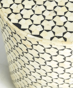 Ivory Geometric Inlay Round Side <b>Table</b> Handcrafted Octagon <b>Mosaic</b> Pattern Gold Base Luxury End <b>Table</b> Designer Home Furniture - Product Image 4