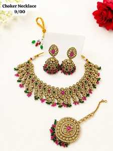 Parure de bijoux ethniques plaqués or avec zircon et jadau, collier et boucles d'oreilles en laiton, bijoux de mariée avec choker et dupatta pour femme, idéale pour les mariages et les fêtes - Product Image 3